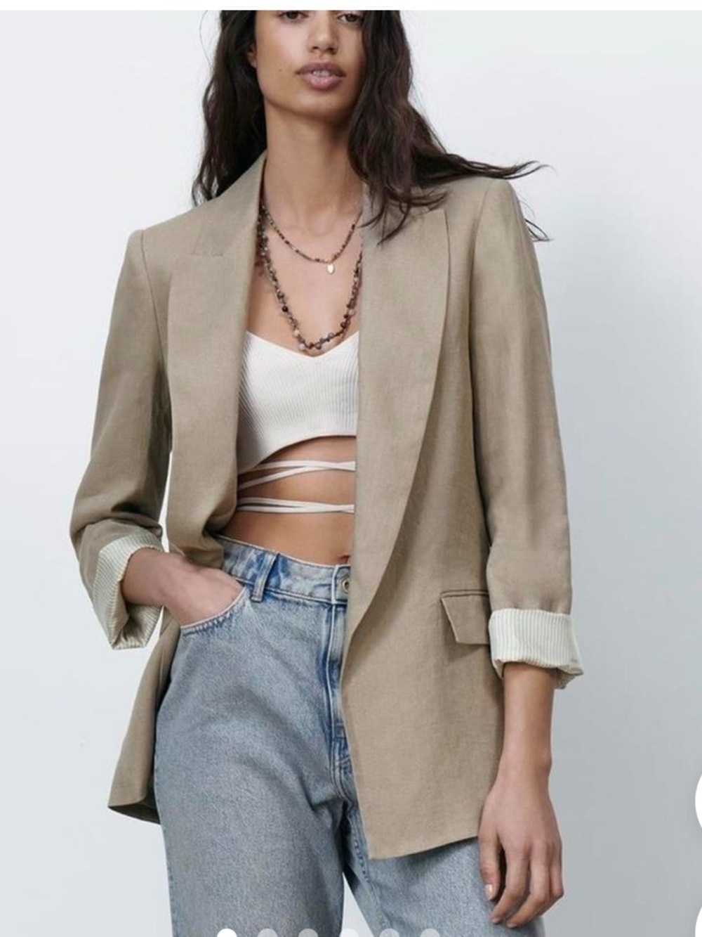 Zara Linen Oversized Open Blazer in Tan